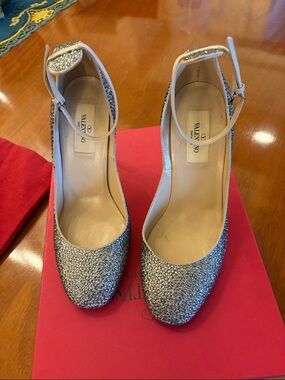 Valentino Garavani Silver Glitter Ankle-Strap Pumps